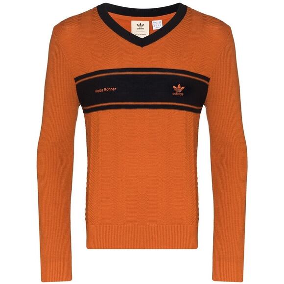 Adidas X Wales Bonner Men's Wool Knit Long Sleeve Shirt V-neck in Orange Size M - Picture 4 of 12